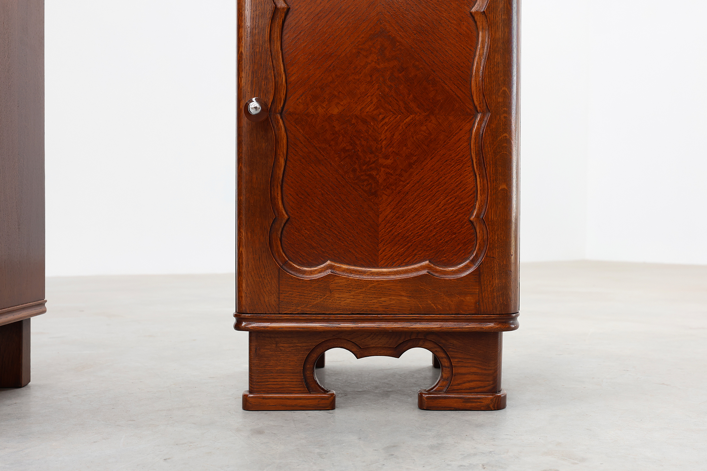 Pair of Art Deco nightstands in oak with marble top, France ca. 1925thumbnail